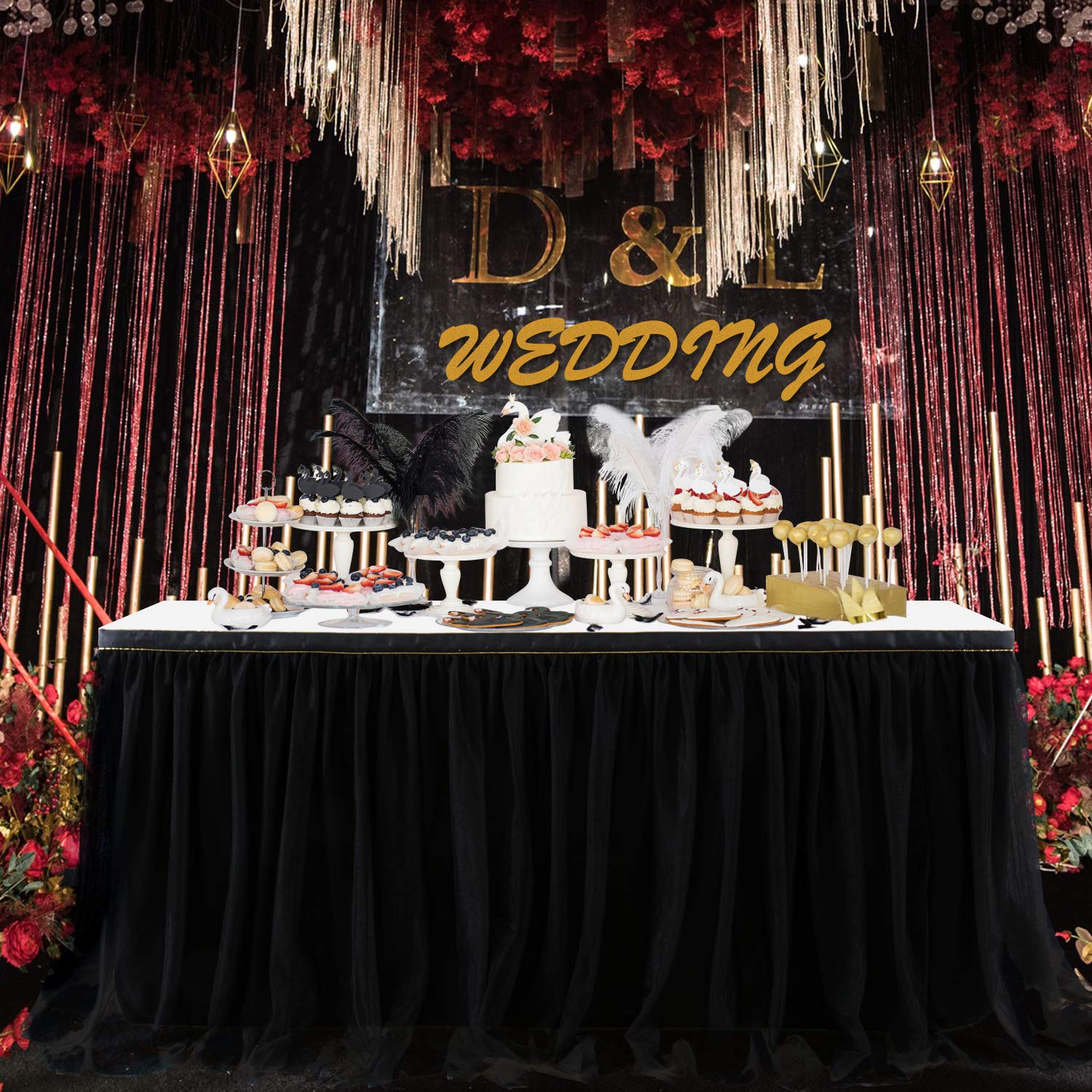 Suppromo 14 Black Tutu Table Skirt For Parties Ruffle Tulle Table Skirt For Black Gold Theme Birthday Party Graduation Wedding B